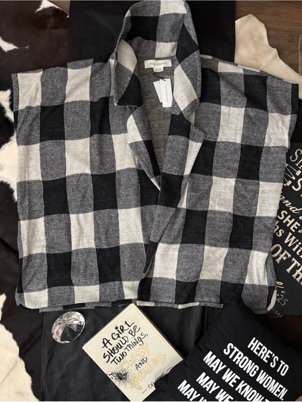 Treasure & Bond Black and Gray Buffalo Plaid Shawl Collar Poncho